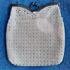 Vintage Silver Tone Beaded Clutch Evening Metal Clasp Purse No Strap